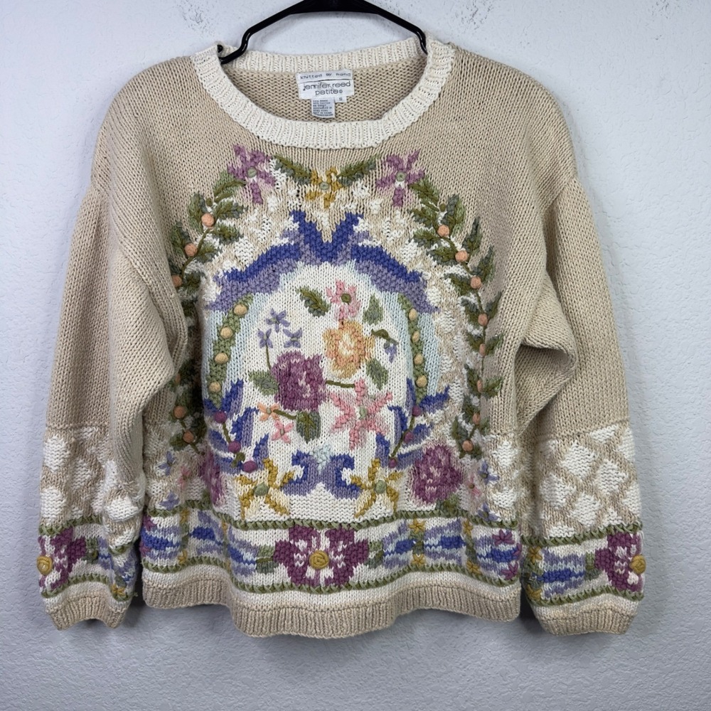 Vintage Jennifer Reed Sweater Womens S‎ Beige Ramie Hand Knit Floral Cottagecore